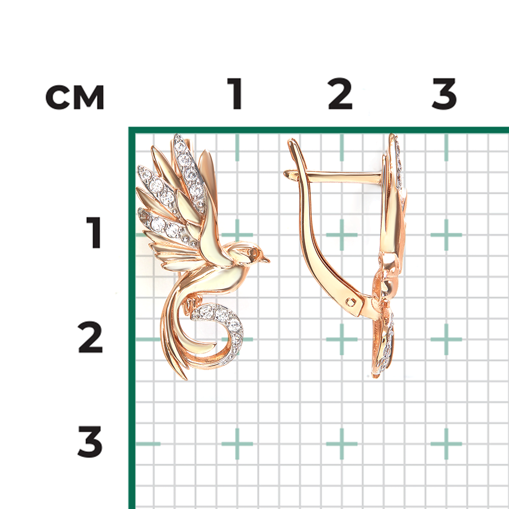 Серьги «Райские птички» с английским замком из красного золота с фианитами