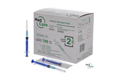 Шприц одноразовый 2 мл 3-х компонентный MedCare с иглой 23G 0,63х32 мм, 100 шт.