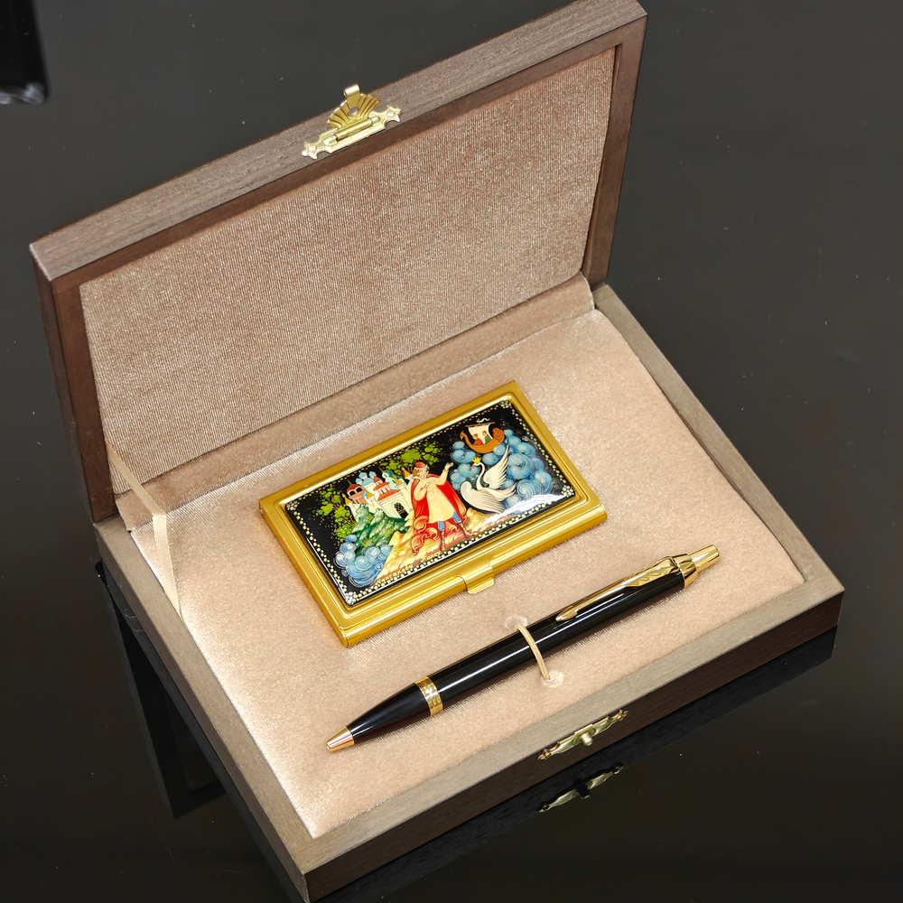 Набор подарочный "Сказка о царе Салтане" визитница персональная с ручной росписью и ручка Parker