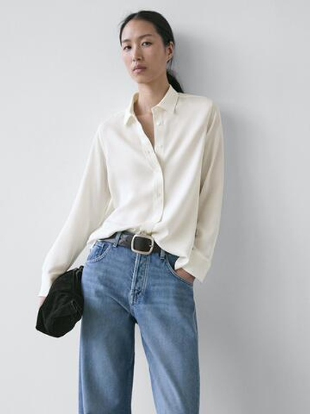 Massimo Dutti Рубашка свободного кроя с воротником, экрю