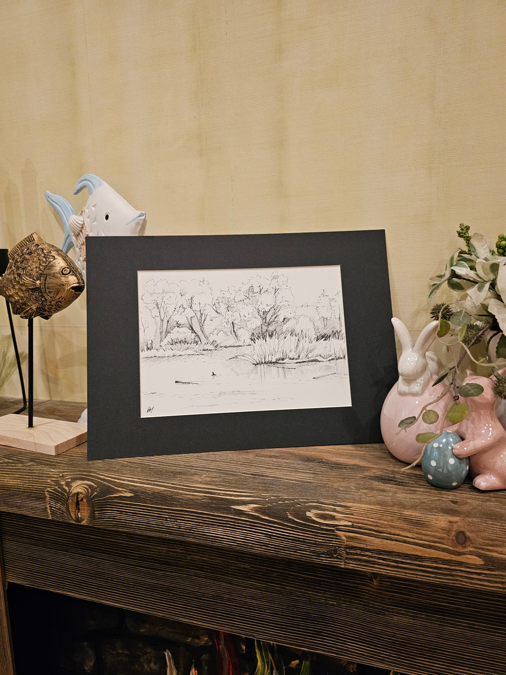 Картина, графика в паспарту 21х30 см на стену для интерьера "Берег реки Осетр"