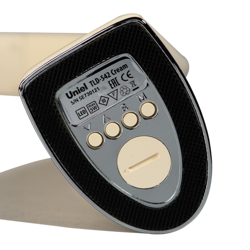 TLD-542 Cream-LED-300Lm-5000K-Dimmer Светильник настольный c часами. календарем. термометром. 5W. Сенсорный выключатель. Кремовый стилизован под кожу. TM Uniel.