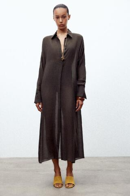 ZARA ПЛАТЬЕ ИЗ СМЕСОВОЙ ТКАНИ РАМИ И КОЛЛЕКЦИИ ZW, КОРИЧНЕВЫЙ