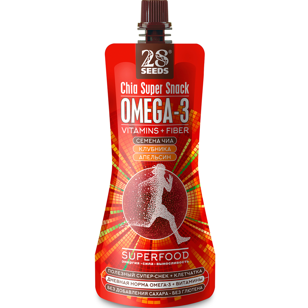 Супер-снек 28SEEDS, смузи без сахара Чиа Омега-3 Клубника-Апельсин, омега 6, клетчатка, протеин, Полезное фруктовое пюре, Веган суперфуд
