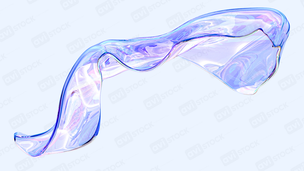 Abstract liquid glass 3D wave PNG transparent background with blue violet iridescent highlights
