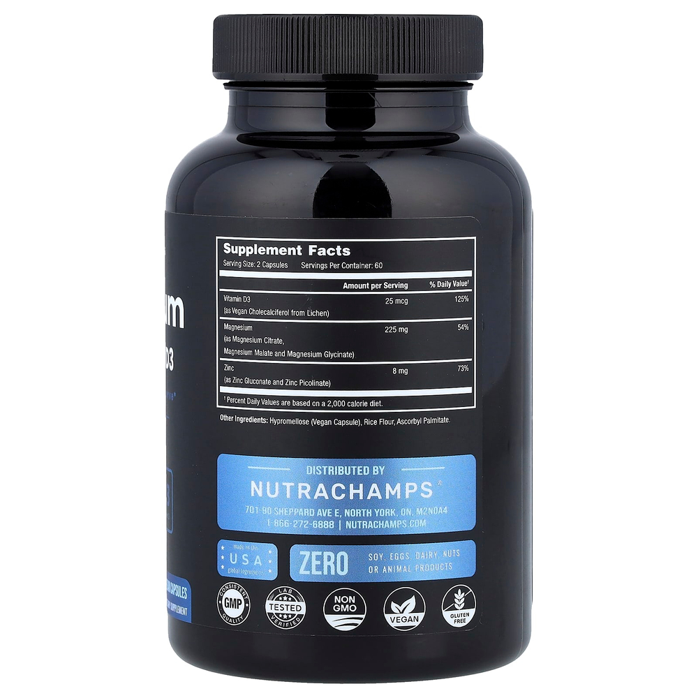 NutraChamps, магний, цинк и витамин D3, 120 веганских капсул