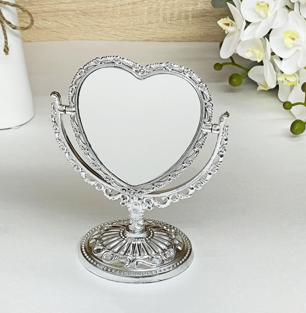 Зеркало настольное в пластиковой оправе «Версаль - Сердце», цвет серебро, двухстороннее,17см