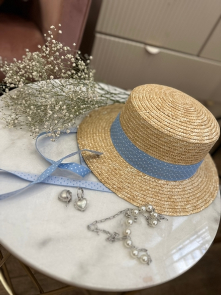 Канотье пшеница с лентой в горох Голубой