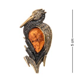 AM-1967 Брошь «Аист в камышах» (латунь, янтарь)