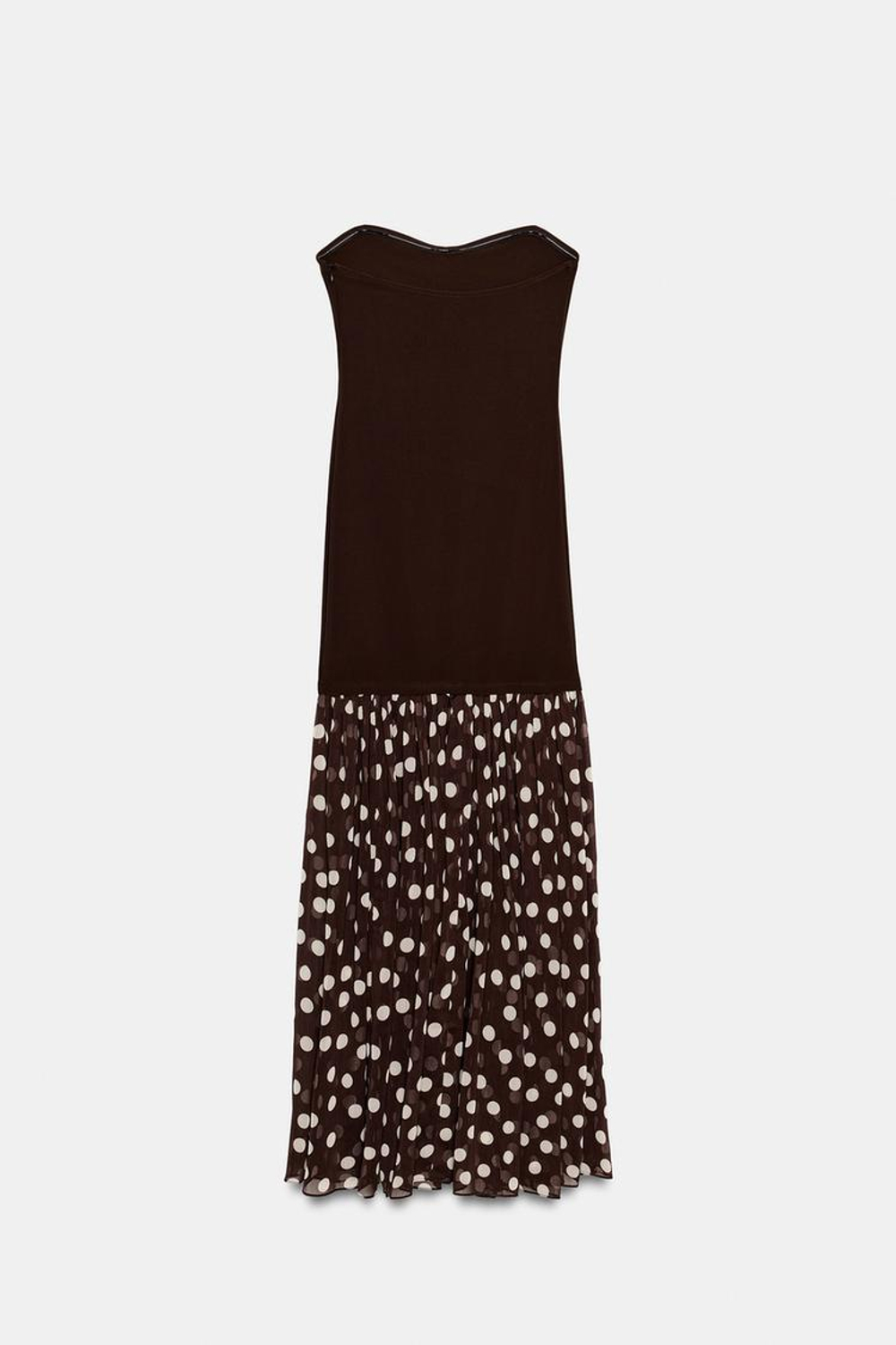 ZARA ПЛАТЬЕ БЕЗ БРЕТЕЛЕК В ГОРОШЕК, КОРИЧНЕВЫЙ