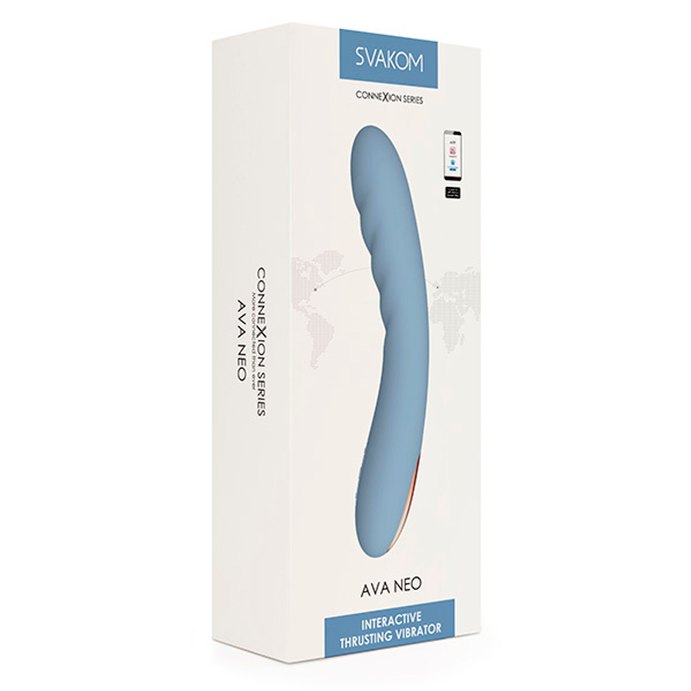 Голубой интерактивный изогнутый вибратор 19,6см с функцией пенетрации Svakom Ava Neo App-Compatible Thrusting Vibrator SA059B