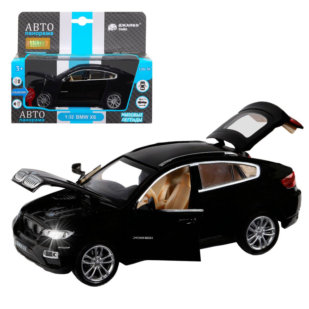 Модель 1:32  BMW X6, черный, свет, звук, откр. двери, капот и багажник