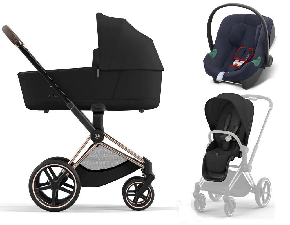 Коляска 3 в 1 Cybex Priam IV Rosegold complete и автокресло Aton B2 i-Size Bay Blue Sepia Black