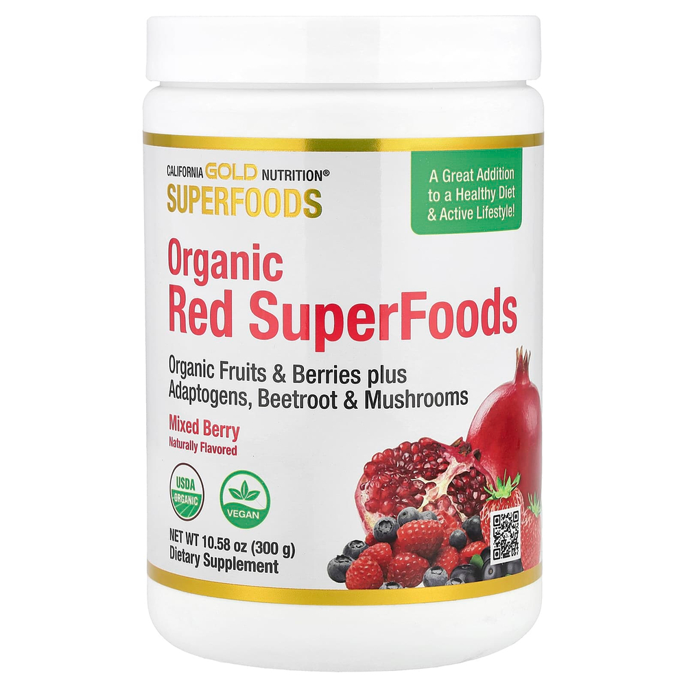 California Gold Nutrition, Superfoods, органические красные суперфуды с порошками из органических ягод асаи, органической черники, органической клюквы и органического граната, смесь ягод, 300 г (10,58 унции)