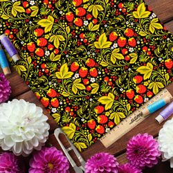 Ткань оксфорд 210 золотая хохлома с земляникой