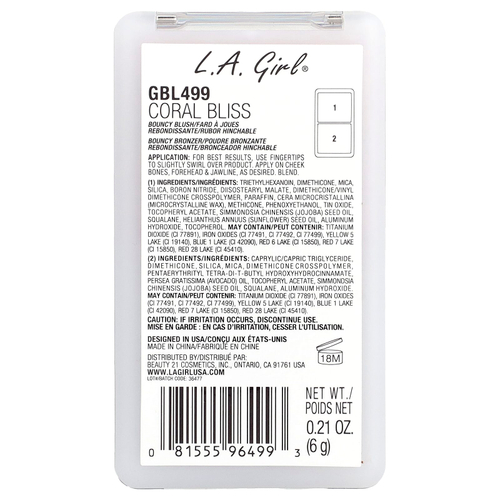 L.A. Girl, On Облако Nine, упругие румяна и бронзер, GBL499 Coral Bliss, 6 г (0,21 унции)