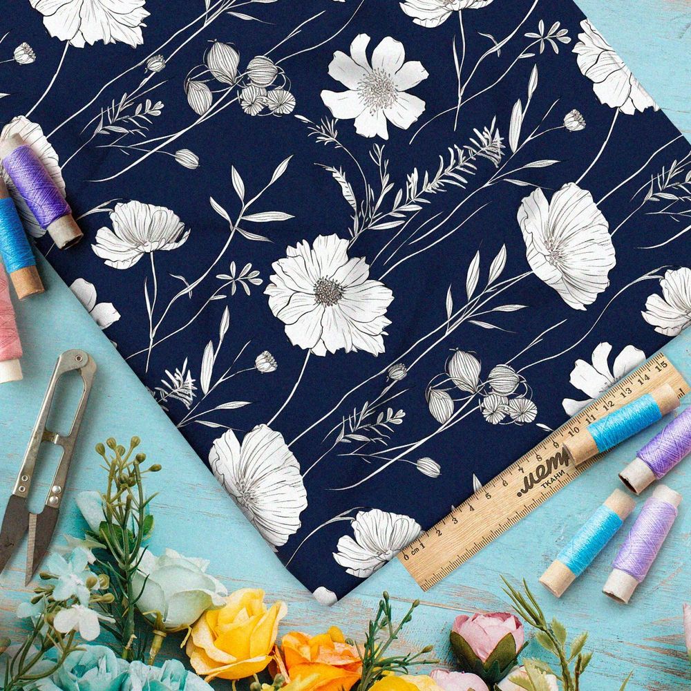 Ткань премиум флис белые полевые цветы на белом