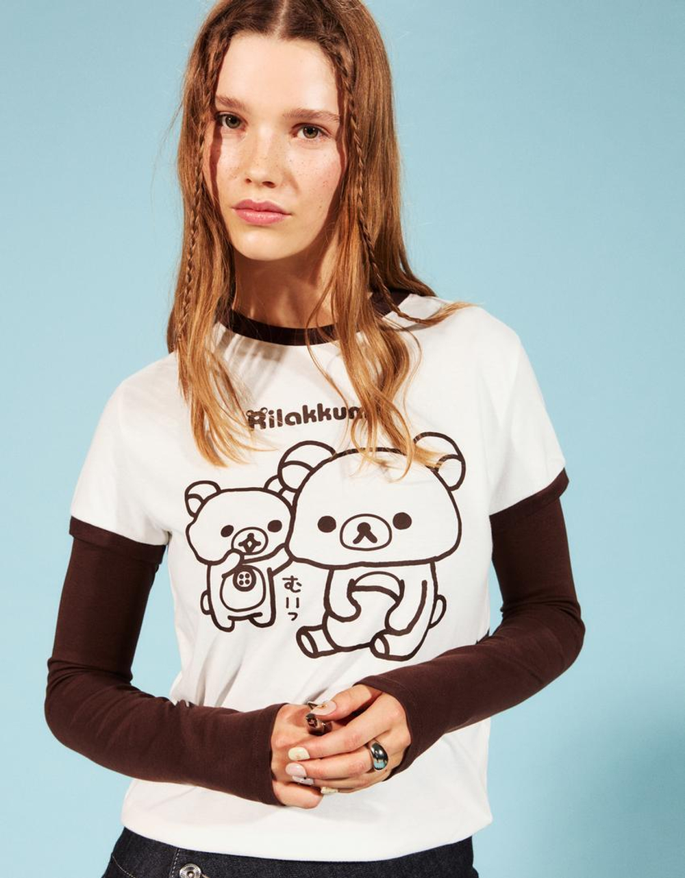 BERSHKA Футболка с короткими рукавами и принтом Rilakkuma, белый