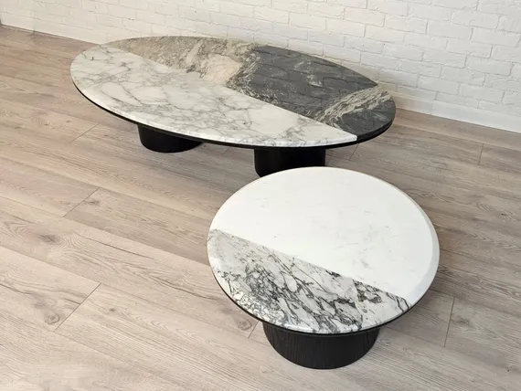 Журнальный столик SC-12, Ø60х35 см, мрамор, дерево