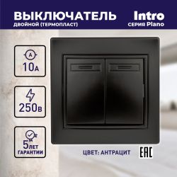 Выключатель Intro Plano 1-104-05 двухклавишный, 10А-250В, IP20, СУ, антрацит
