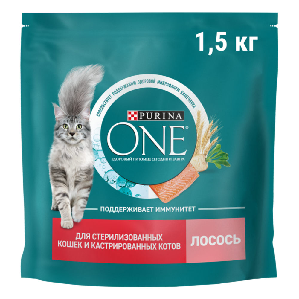 Сухой корм Purina ONE для стерилизованных кошек и кастрированных котов, с лососем, 1.5кг