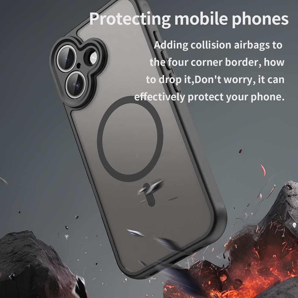 Полупрозрачный матовый чехол с MagSafe для iPhone 17, боковые рамки черного цвета