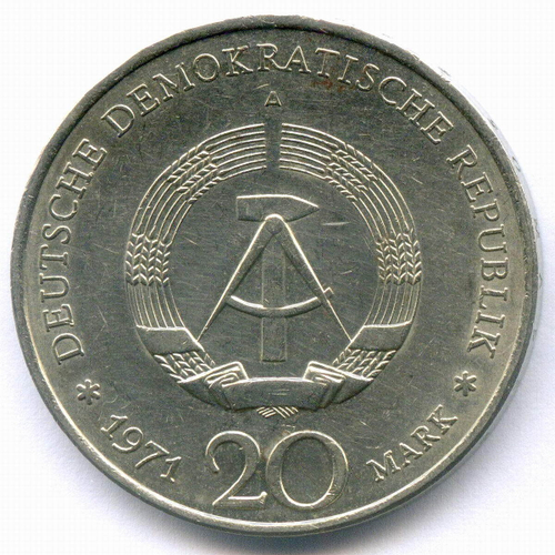 20 марок 1971 (A). 85 лет со дня рождения Эрнста Тельмана. Германия-ГДР. Диаметр 33 мм, медно-никель XF