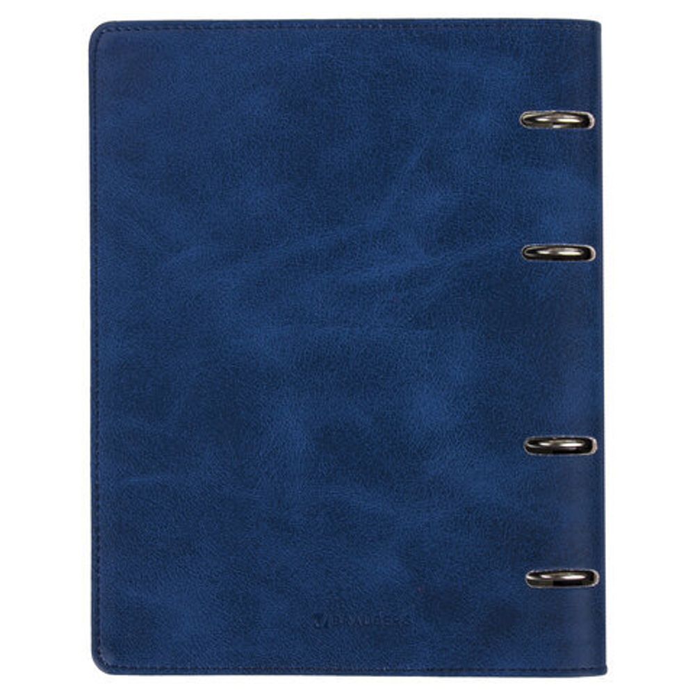 Тетрадь на кольцах А5 (180х220 мм), 120 л., под гладкую кожу, вырубка под кольца, кремовый блок, BRAUBERG "Main", клетка, синяя, 402005