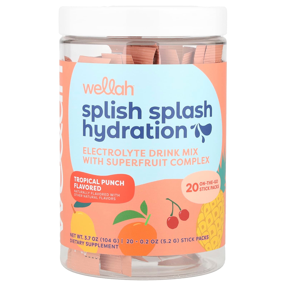 Wellah, Splish Splash Hydration, тропический пунш, 20 пакетиков по 5,2 г (0,2 унции)