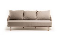 "Верона" диван 3-местный плетеный из роупа, каркас алюминий белый муар, роуп бежевый круглый, ткань бежевая 052