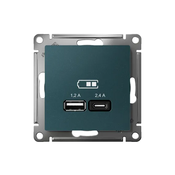 Розетка USB AtlasDesign тип A+C 5В/2.4А 2х5В/1.2А механизм изумруд SE ATN000839
