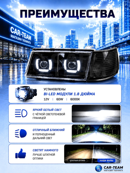 Фары ВАЗ 2110, 2111, 2112 передние с белыми галочками в стиле BMW ver 2.0 c Bi LED модулями, черная маска, тонированные поворотники