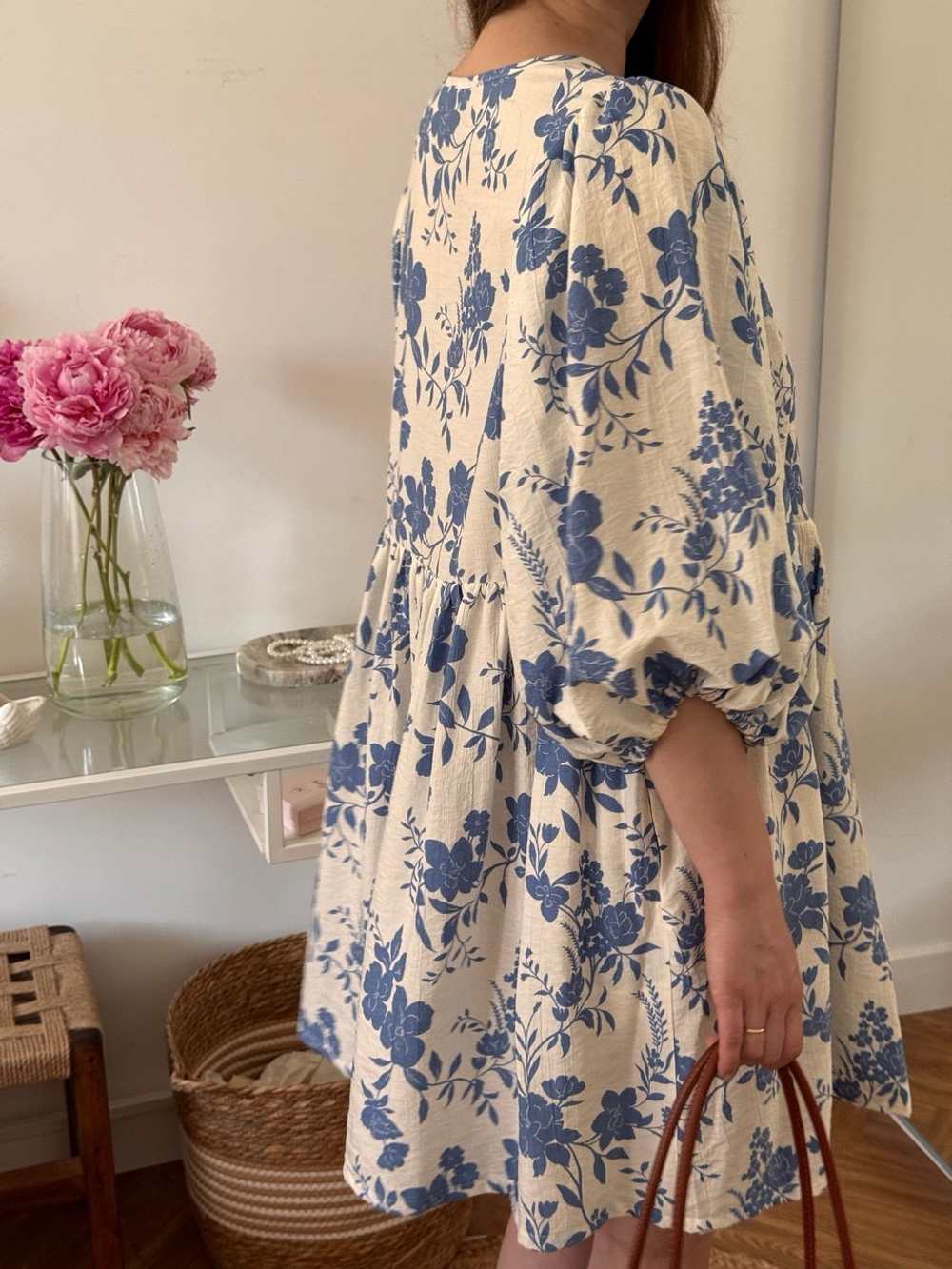 Платье Мари-мини для беременных и кормящих, Кремовый с синими цветами