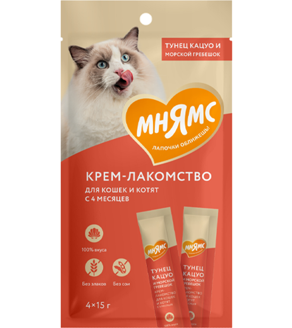 Мнямс Крем Лакомство для кошек с тунцом Кацуо и морским гребешком 15гр.*4шт.