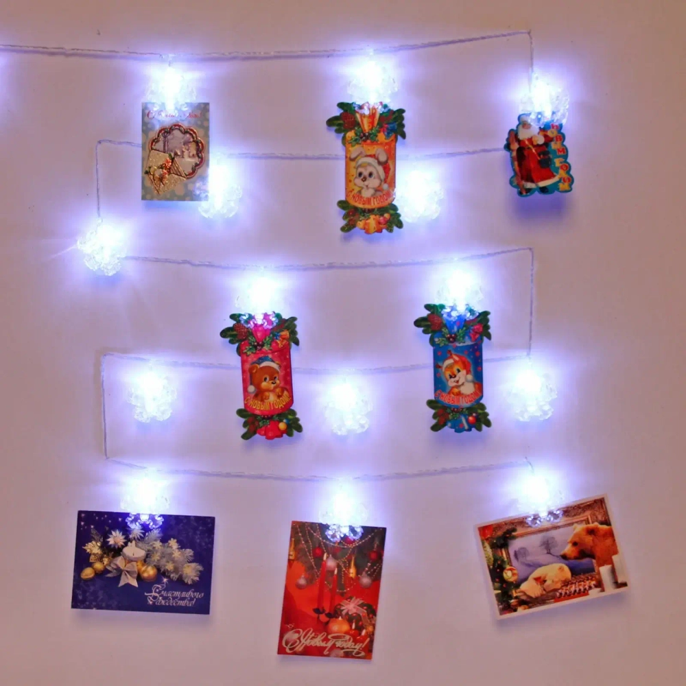 Гирлянда для дома 4,0 м 20 ламп LED с насадками СНЕЖИНКА Прищепка, прозрач.провод, Белый