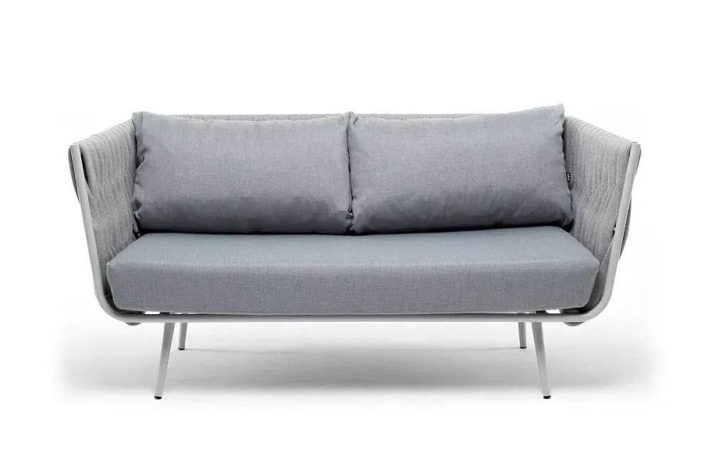 "Монако" диван 2-местный плетеный из роупа, каркас алюминий светло-серый (RAL7035) муар, роуп светло-серый 40 мм, ткань светло-серая