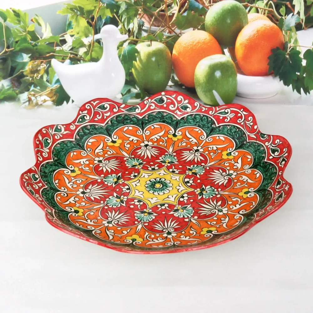 Ляган резной край Qora galam микс Риштанская керамика