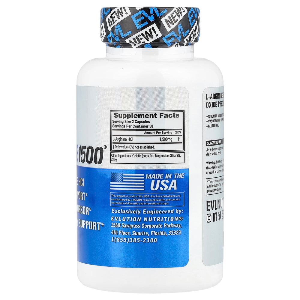 EVLution Nutrition, L-Arginine1500®, L-аргинин, 100 капсул (750 мг в 1 капсуле)