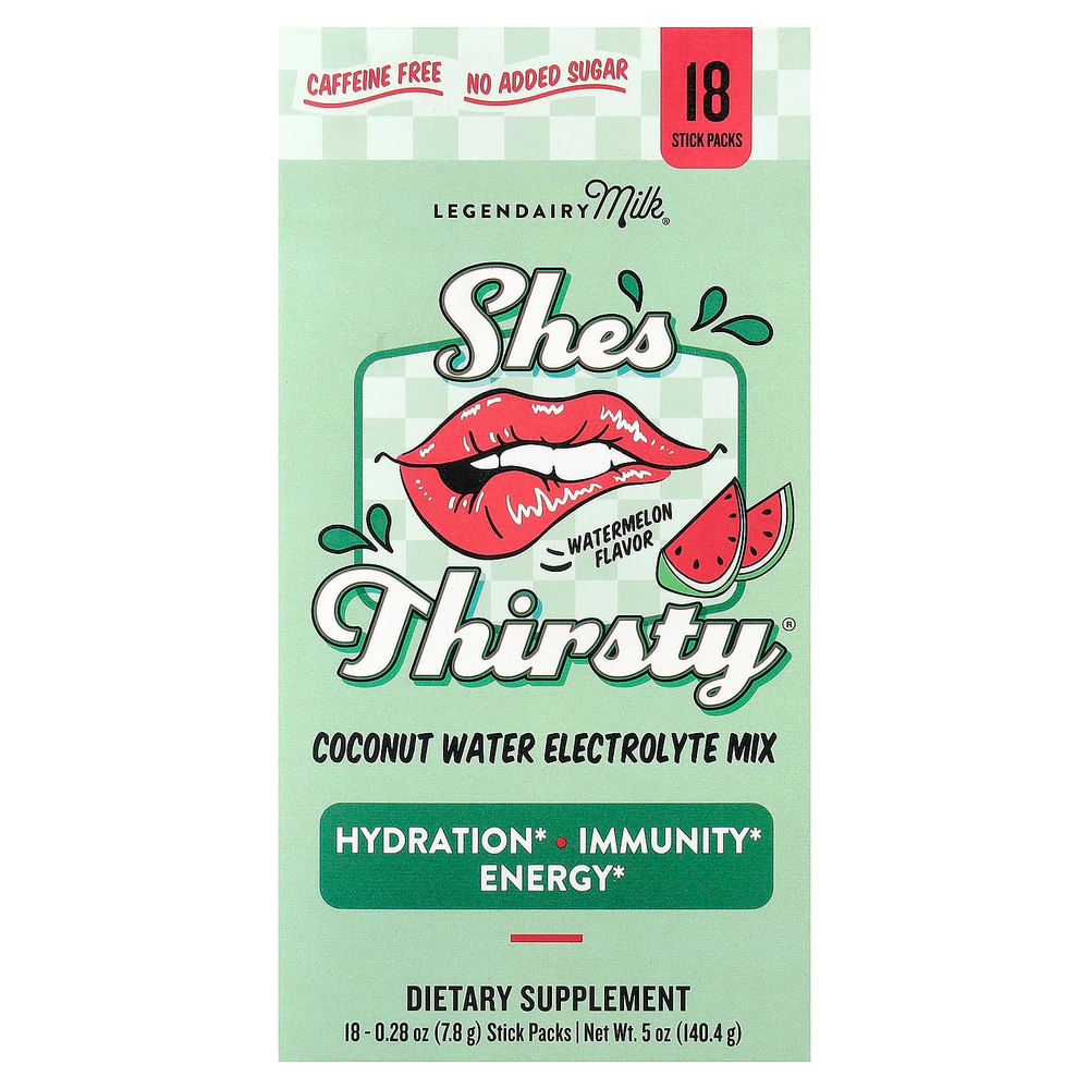 Legendairy Milk, She's Thirsty®, смесь электролитов с кокосовой водой, арбуз (коробка), 18 пакетиков-стиков по 7,8 г (0,28 унции)