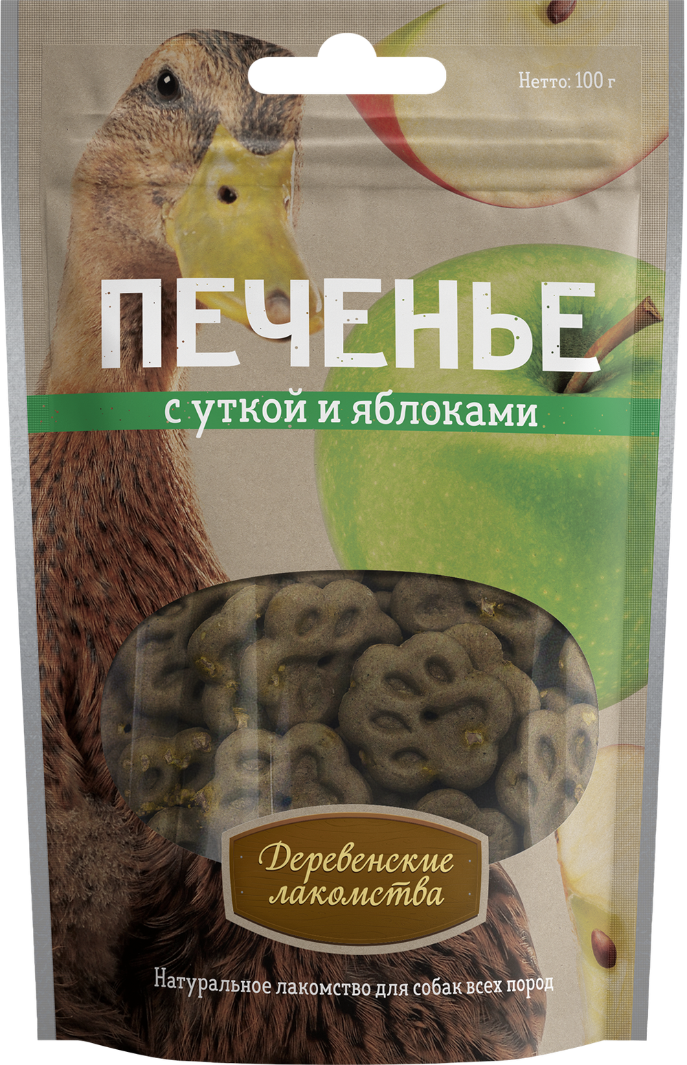 Печенье для собак ДЕРЕВЕНСКИЕ ЛАКОМСТВА с уткой и яблоками - 100 гр