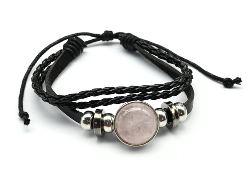 Браслет из кожи с розовым кварцем круг 20 мм