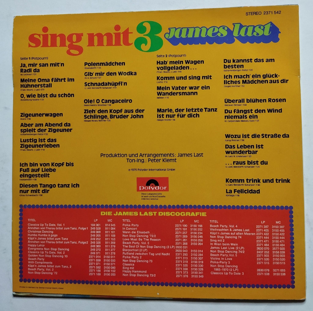 Винтажная виниловая пластинка LP James Last Sing Mit 3 (Germany 1975) (EX)