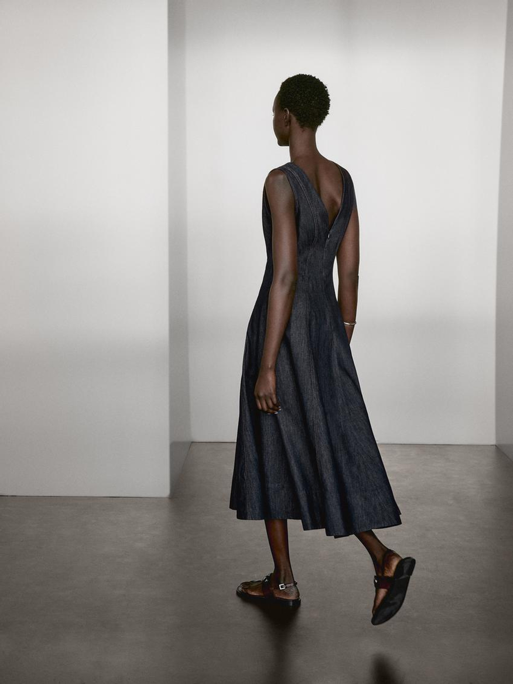 Massimo Dutti Джинсовое платье миди с декоративными швами, темно-серый