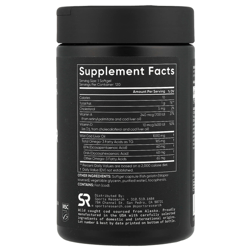 Sports Research, Жир печени аляскинской трески, 120 мягких таблеток