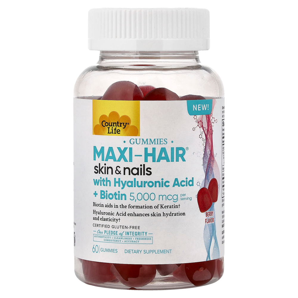 Country Life, Maxi-Hair®, жевательные таблетки для кожи и ногтей, с гиалуроновой кислотой и биотином, со вкусом ягод, 60 жевательных таблеток