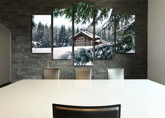 Модульная картина "Домик в зимнем лесу"