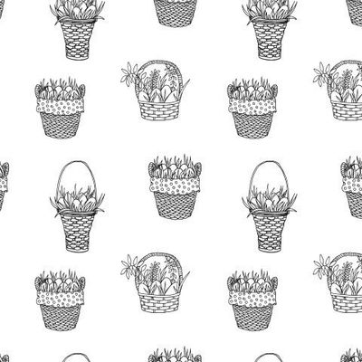 Плетеные корзины с яйцами и цветами. Пасхальный принт