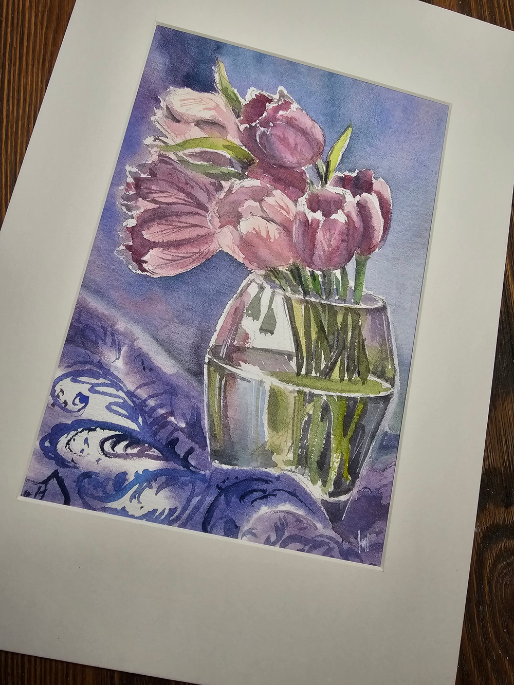 Картина авторская акварельная в паспарту 21х30 см на стену для интерьера "Тюльпаны"
