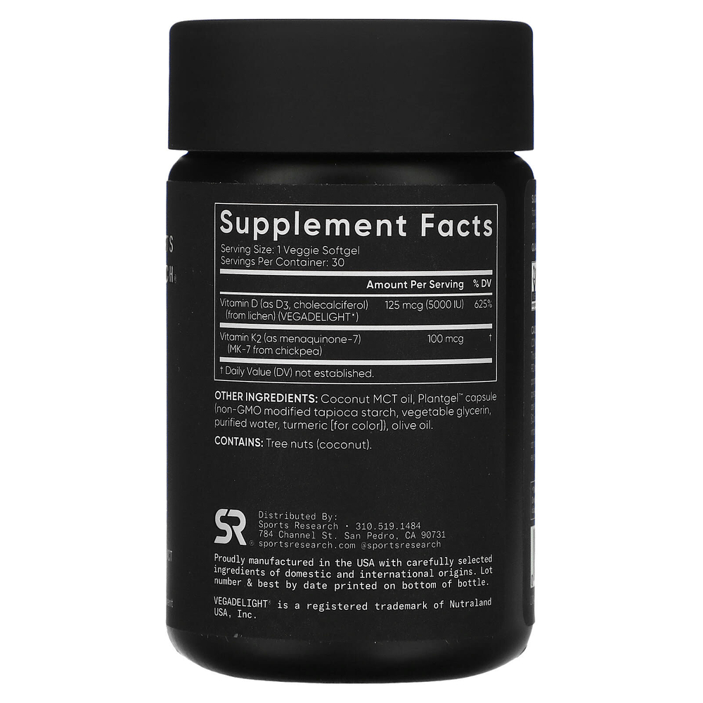 Sports Research, витамины D3 и K2, растительная добавка, 30 растительных капсул