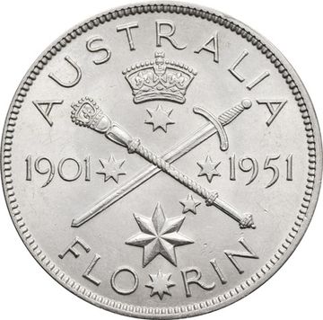 1 флорин 1951 Австралия «50 лет Федерации»